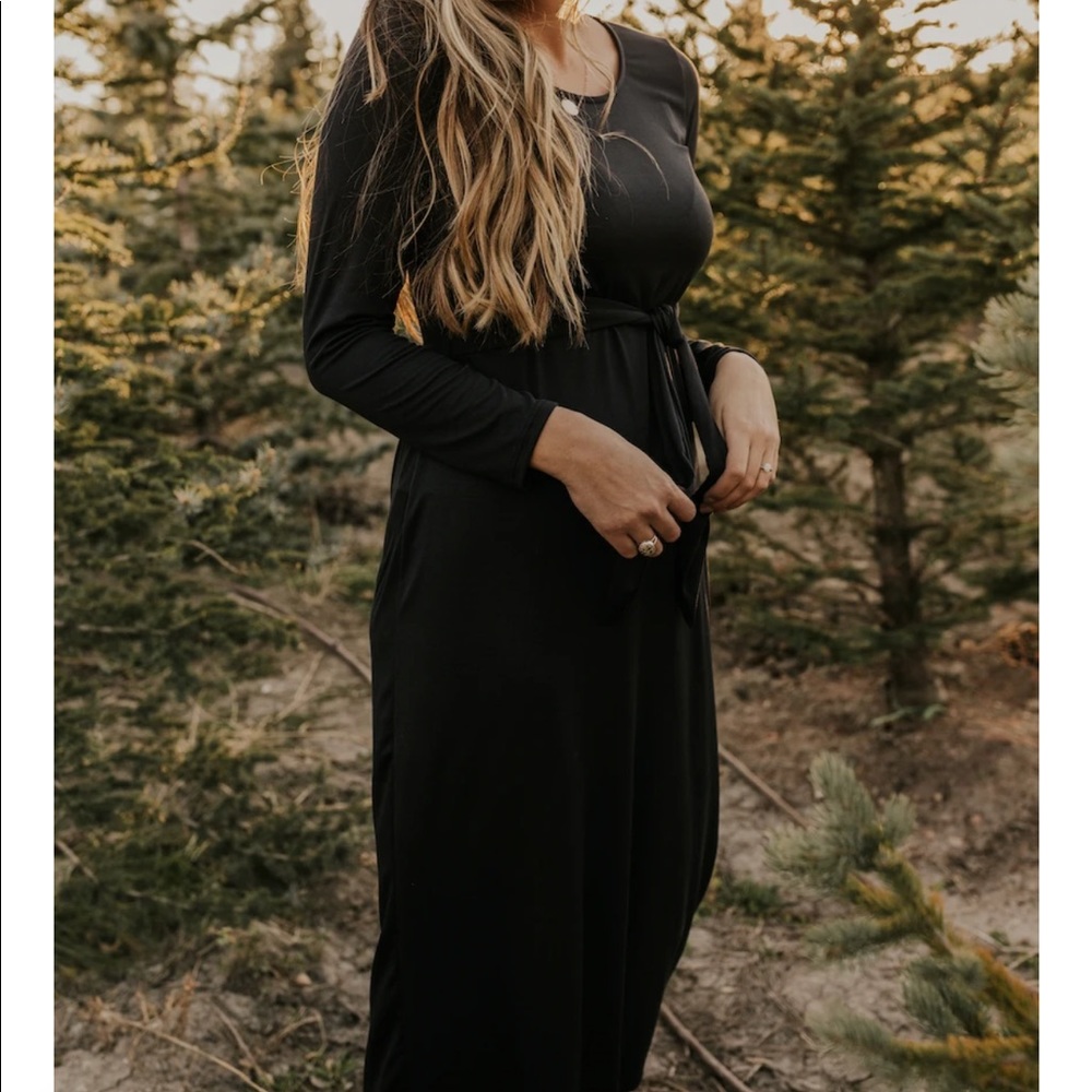 Roolee Black Long Sleeve Midi Dress with Waist Tie Sz M